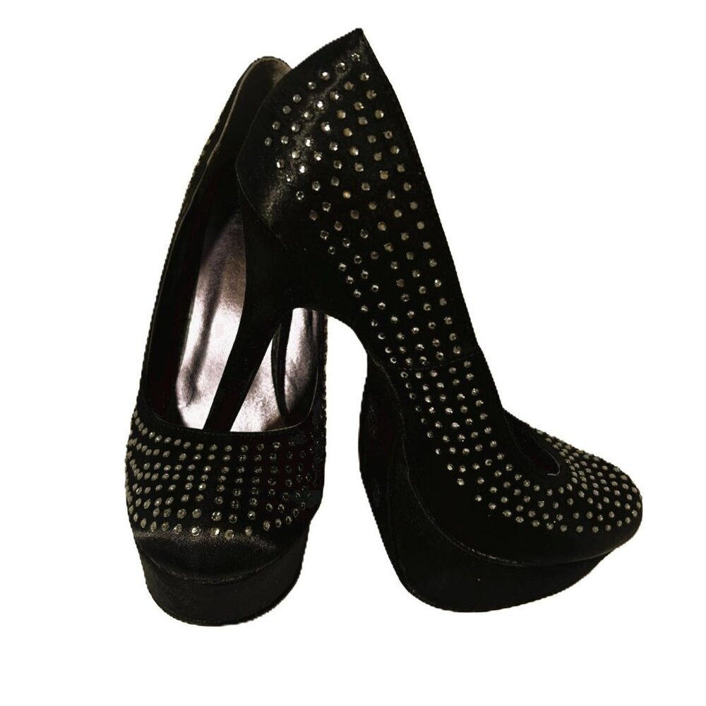 SM New York: Black Satin Platform Pumps with embellished with silver rhinestones